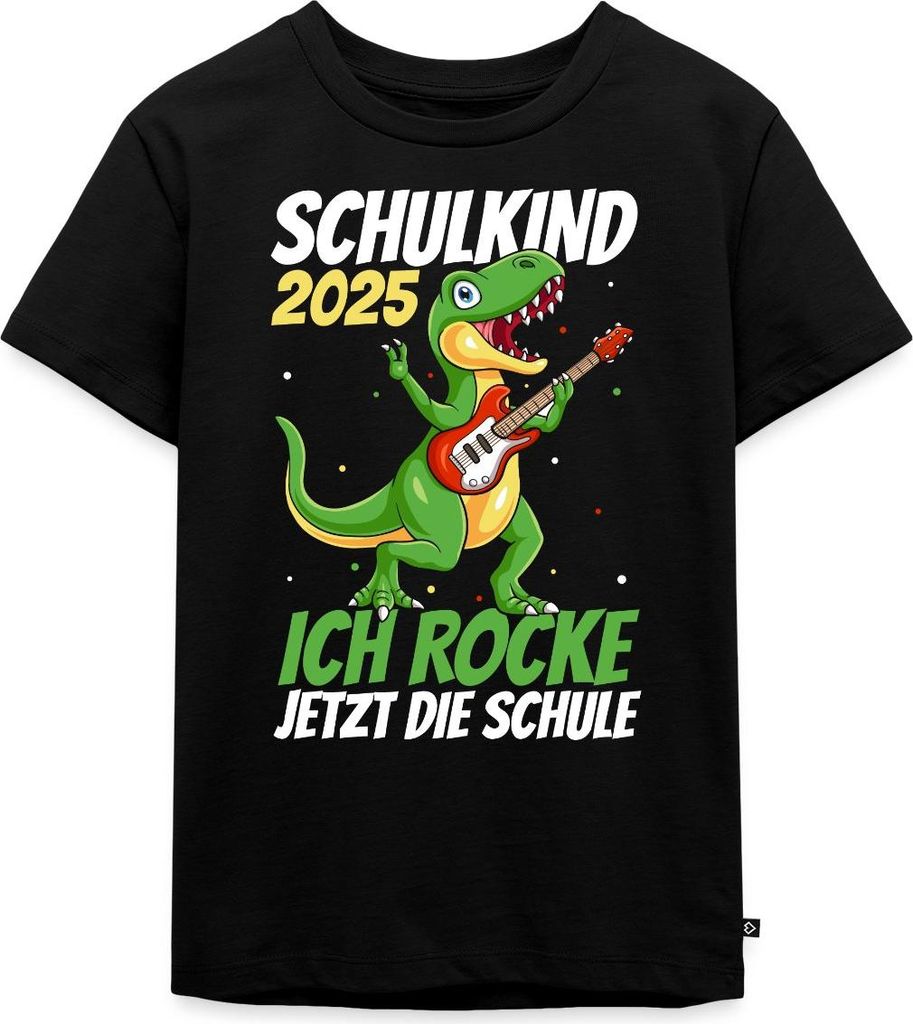 Spreadshirt Schulanfang 2025 Dino Rockt Die Schule Kinder Premium T-Shirt, 98/104 (2 Jahre), Schwarz