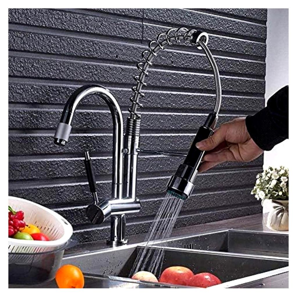 Küchenarmatur, klassischer Stil, Chrom-Feder-Pull-Down-Sprinkler, Einzel-Küchenarmatur, Doppelgriff-Wasserhahn, freihändiger Wasserhahn