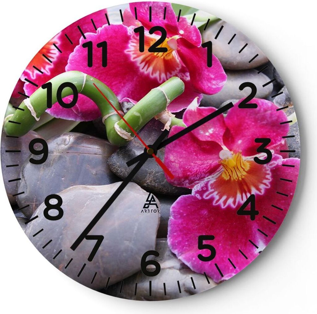 Wanduhr - Rund - Glasuhr - Asiatisch bambus orchidee steine - 40x40cm - Schleichendes Uhrwerk - Lautlos - zum Aufhängen bereit - Dekoration Modern...