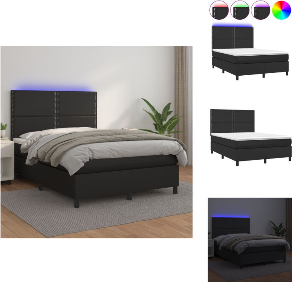 vidaXL Boxspringbett mit Matratze & LED Schwarz 140x200 cm Kunstleder - Betten & Bettgestelle