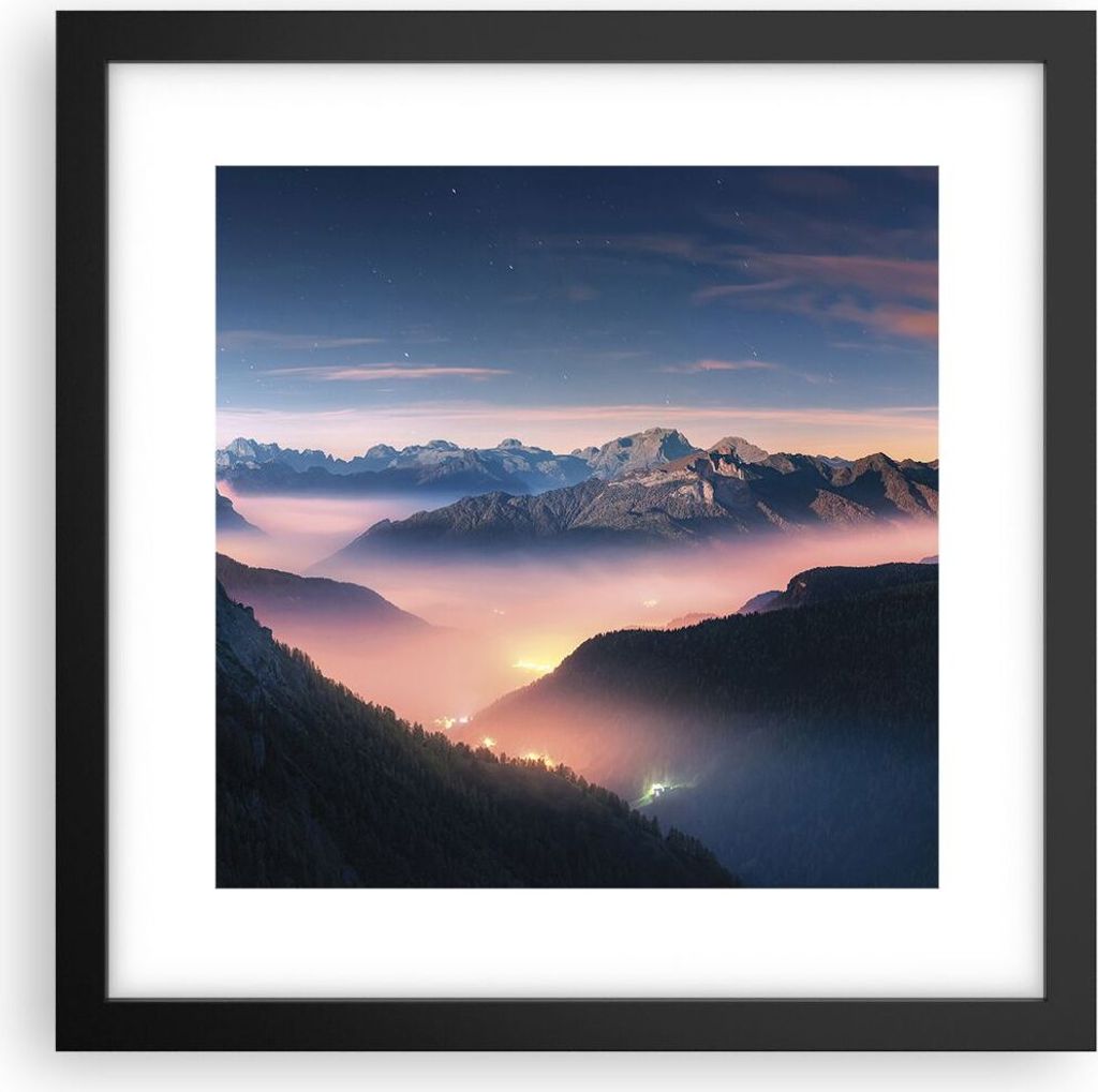 Gerahmtes Poster - Schwarzer Rahmen - Berge Wolken Nebel - 30x30 cm - Wand Bild - Wanddeko - Wandbilder - Kunstposter - Wandposter - Bilderrahmen -...