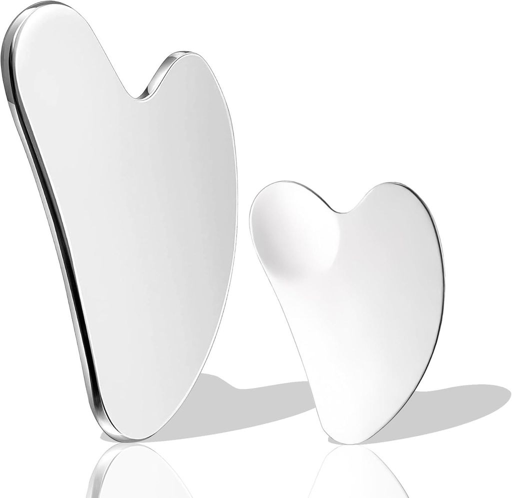 Gua Sha aus silberfarbenem Edelstahl, Lymphdrainage, formt Kinn und Kieferpartie, löst Spannungen in der Gesichtsmuskulatur.