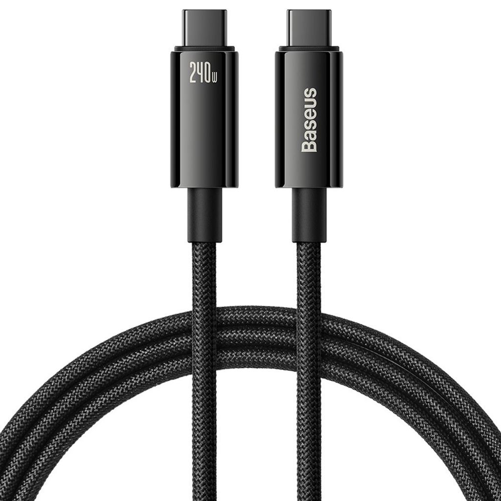 A black USB-C to USB-C cable with two connectors, one labeled '240W' and the other with the 'Baseus' logo.