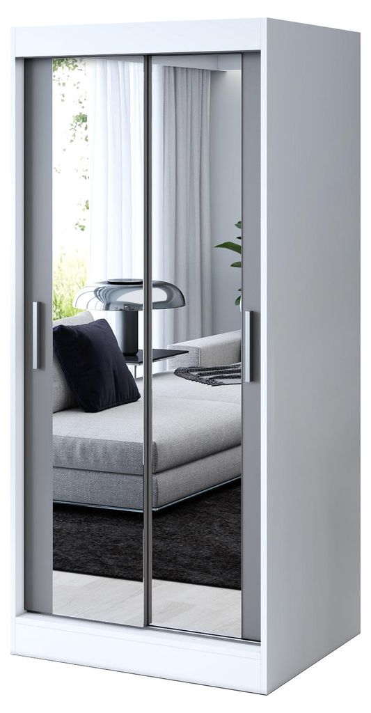Kleiderschrank Weiß Matt & Anthrazit Matt - 90x200cm - Schiebetürenschrank KARL - mit 2 Spiegeln - für Schlafzimmer & Garderobe