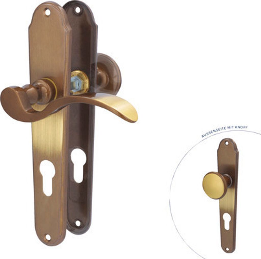 Langschildgarnitur Panda messing/brüniert PZ mit Knopf + Drücker für Wohnungseingangstür links