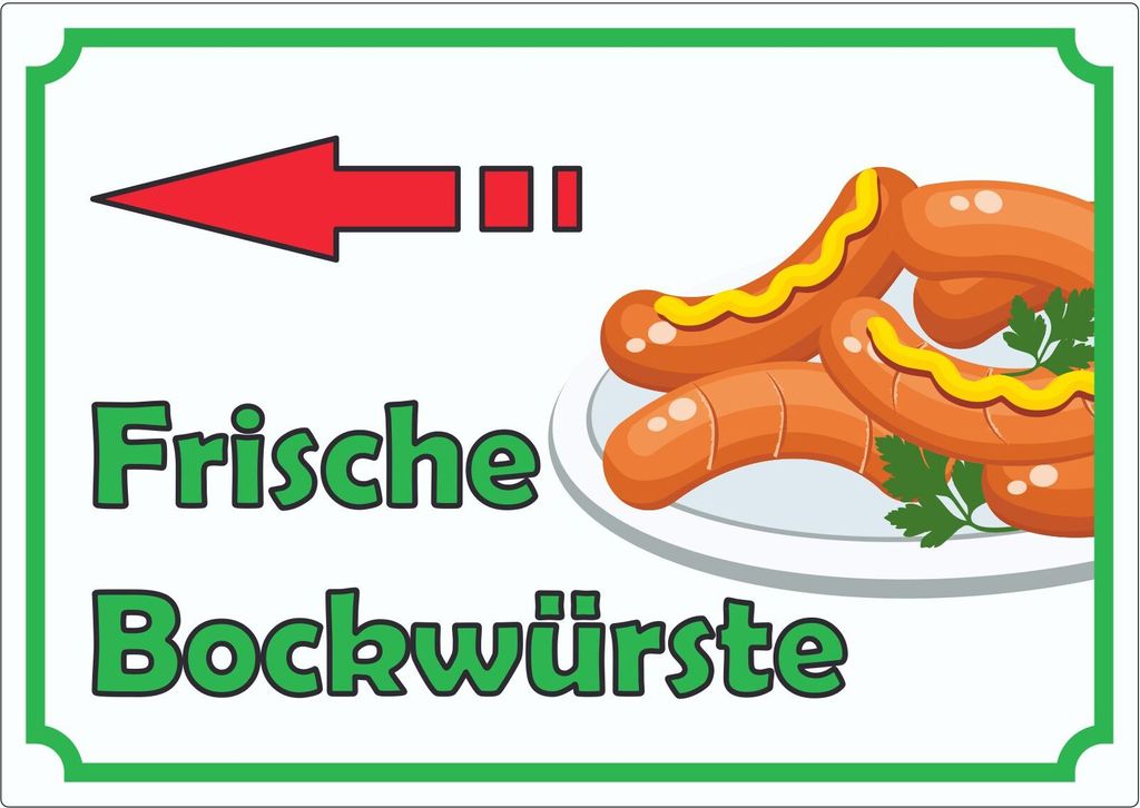 Frische Bockwürste Werbeaufkleber Aufkleber mit Pfeil nach links A8 (52x74mm)