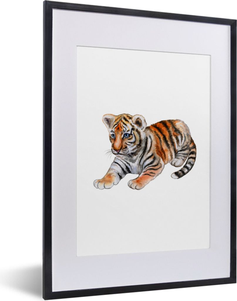 MuchoWow MuchoWow Gerahmtes Poster Tiger - Klein - Weiß 30x40 cm - Poster mit zchwarzem Bilderrahmen - Wandposter Schlafzimmer