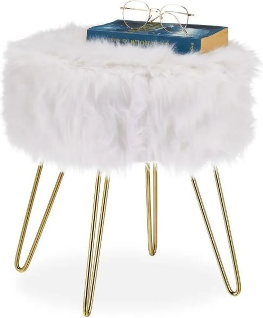 Pouf Tabouret Design en Fausse Fourrure Blanche et Métal Doré - Assise 45cm