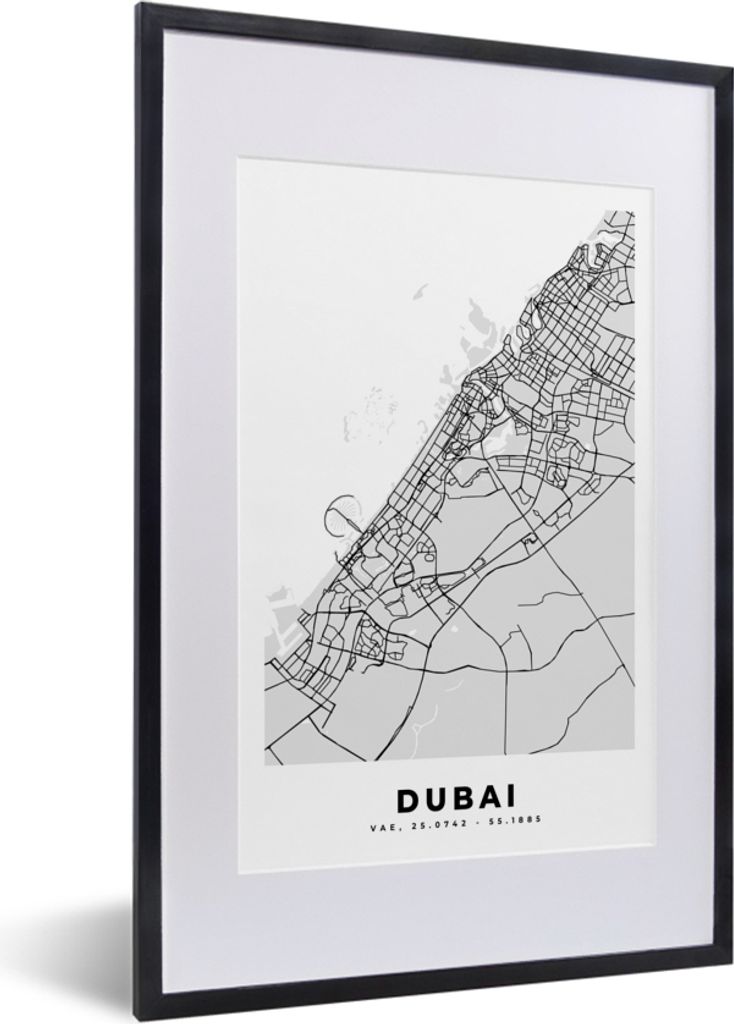 MuchoWow® Gerahmtes Poster Dubai - Stadtplan - Schwarz und Produktbild 
