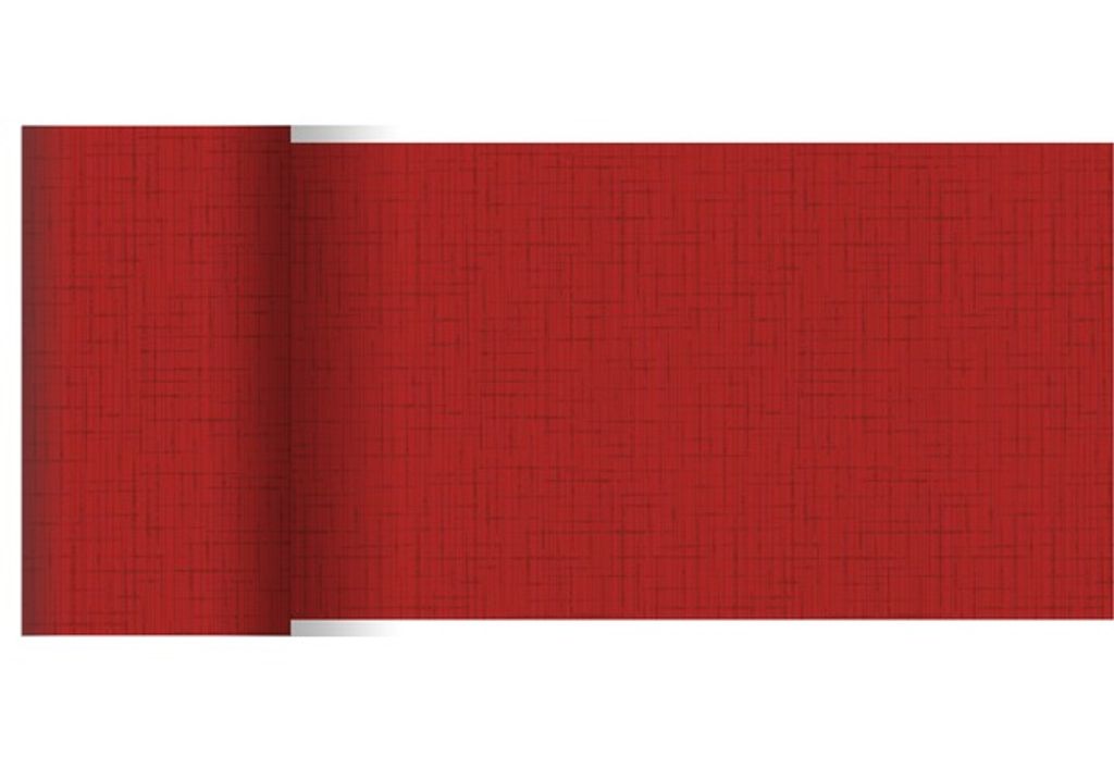 A rolled-up red tablecloth or placemat is shown on a white background.