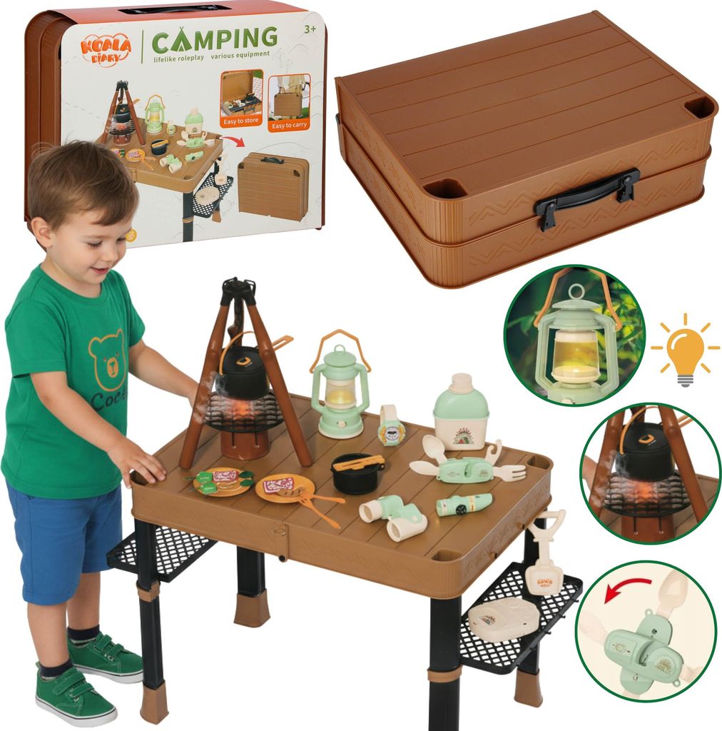 Camping-Set für Kinder – Klapptisch im Koffer + Reisezubehör, LED-Licht, Dampfeffekt & Sound