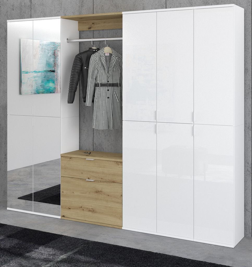 Garderobe mit Spiegel "SystemX" in weiß Hochglanz und Artisan Eiche Garderobenschrank 213 x 193 cm