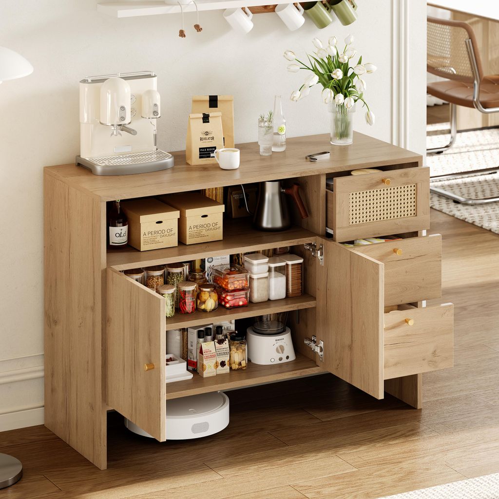 okwish Sideboard Stauraumschrank mit Rattanfronten Und Goldfarbene Griffe - Schubladen Und Türen Wohnzimmerschrank Offenes Fach Für Wohnzimmer Un...