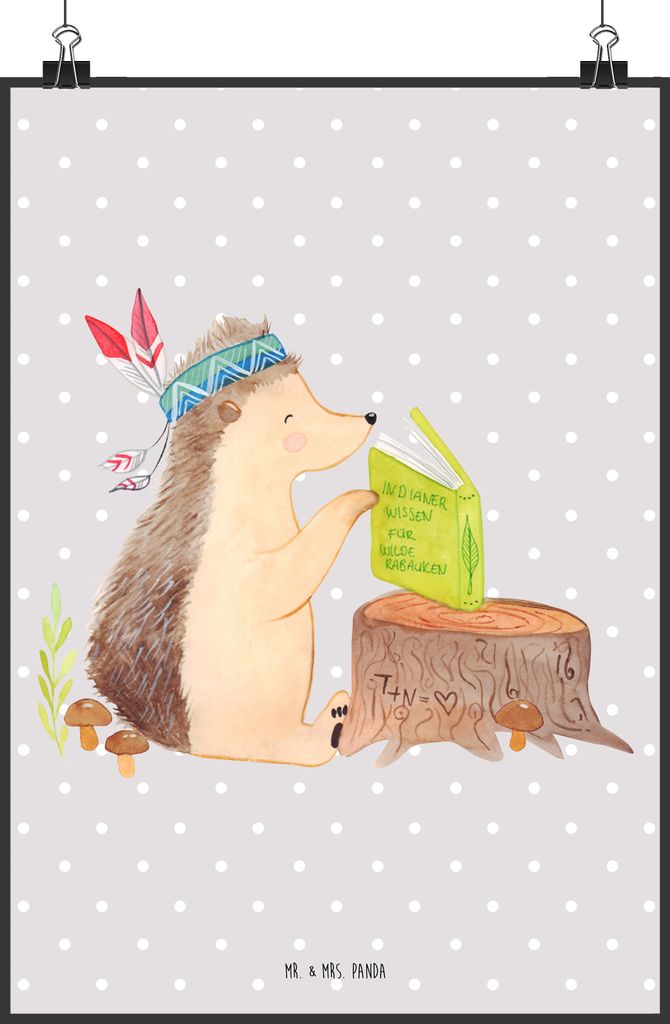 Mr. & Mrs. Panda Bild Igel Federschmuck DIN A0 - Grau Pastell - Geschenk, Abenteuer, Tiere, Indianer, Wanddekoration, drucke, Lagerfeuer, Wandbild,...