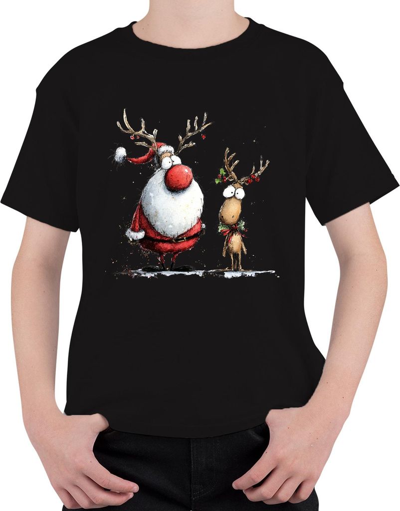 Weihnachtsmann Rentier Lustig Weihnachten Geschenk Retro Cartoon Uni Kinder T-Shirt, Schwarz, 104