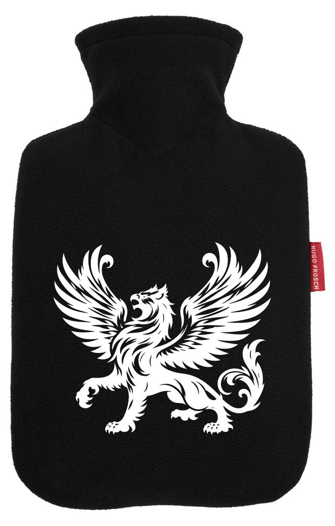 Huuraa Wärmflasche Greif Fabelwesen 1,8 Liter Black Classic Veloursbezug Bettflasche Geschenkidee