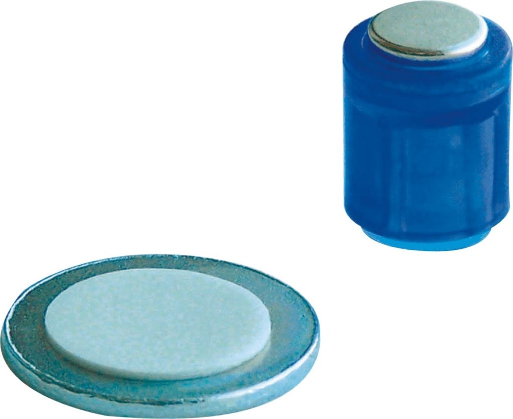 Magnet Zylinder 14x9mm mit selbstklebender Metallscheibe bis 1900g VE=10x4 Stück kristallblau