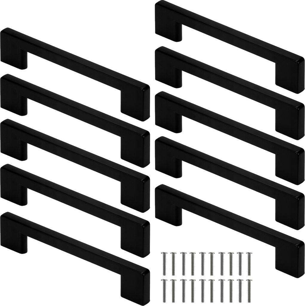 A collection of black cabinet handles and screws arranged on a white background.