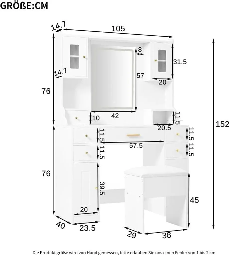 Grande coiffeuse avec éclairage LED réglable et prises, blanche - Modèle XL - 9