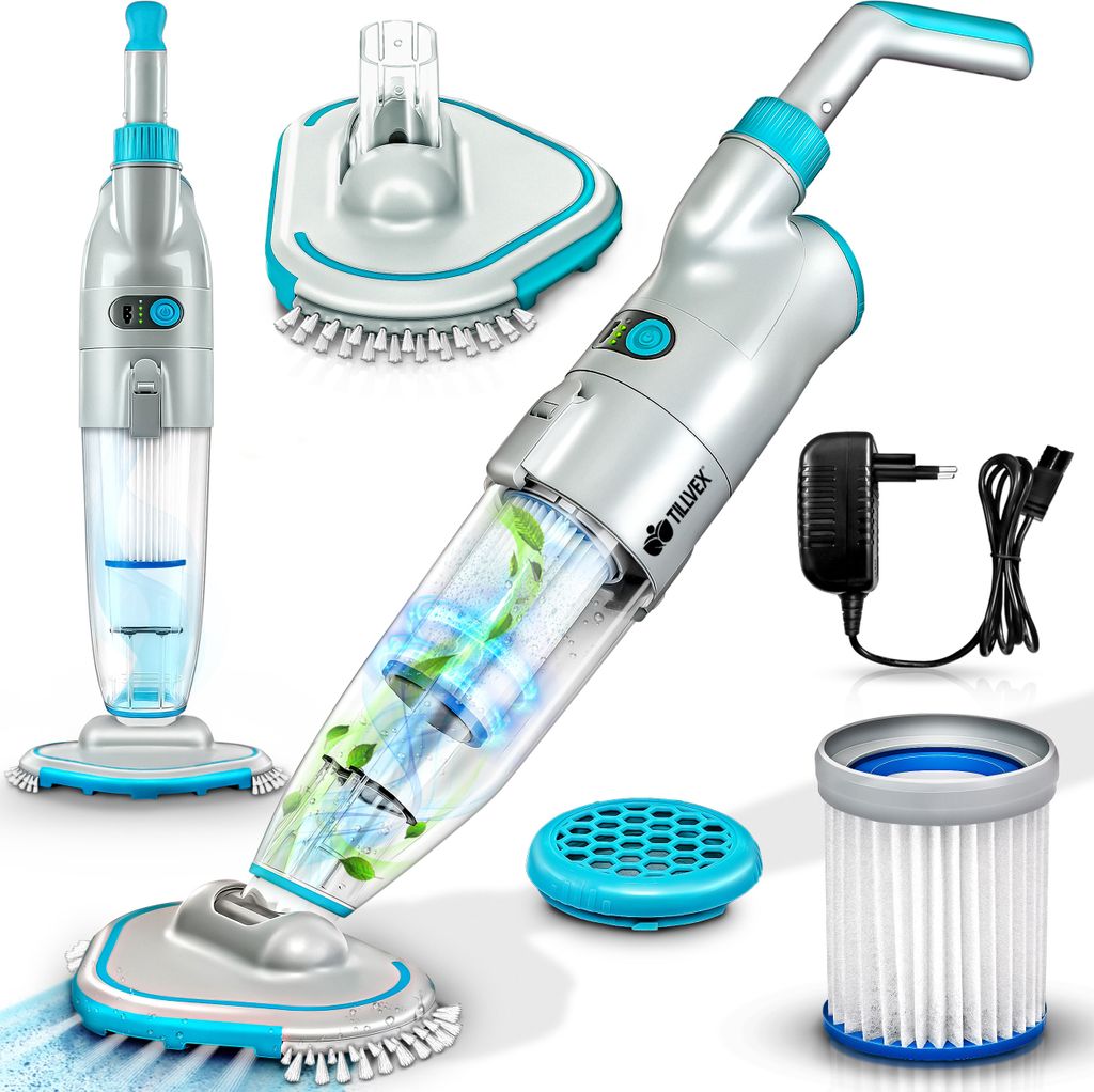 tillvex Poolsauger mit Akku - bis zu 25 m³ | Pool Bodensauger elektrisch | Poolreiniger mit Filter & 2-Geschwindigkeits-System | Handsauger Reinig...