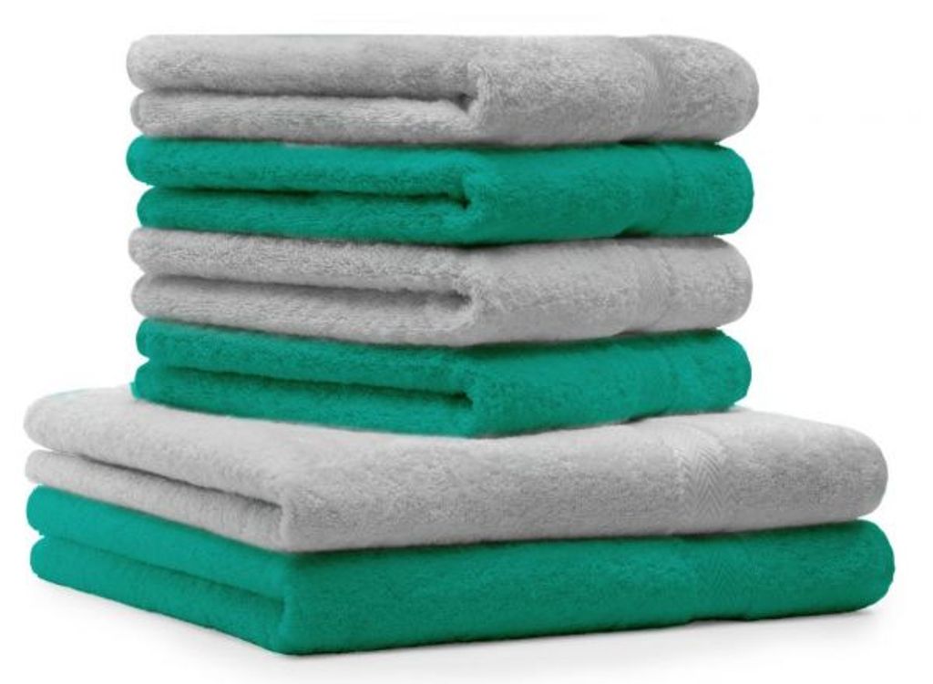 Betz 6-tlg. Handtuch-Set PREMIUM - 2 Liegetücher 4 Handtücher 100% Baumwolle Farbe: silbergrau und smaragdgrün