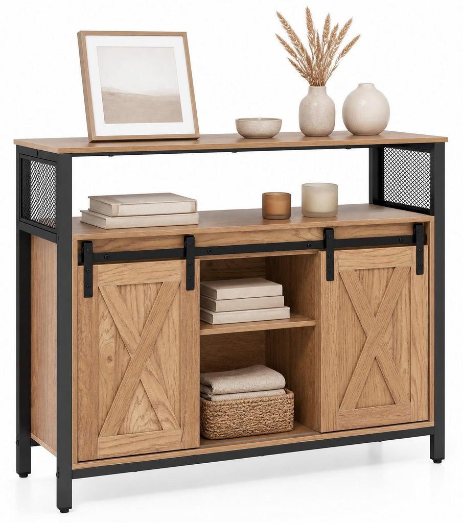KOMFOTTEU Sideboard Holz mit 2 Schiebetüren & verstellbare Produktbild 