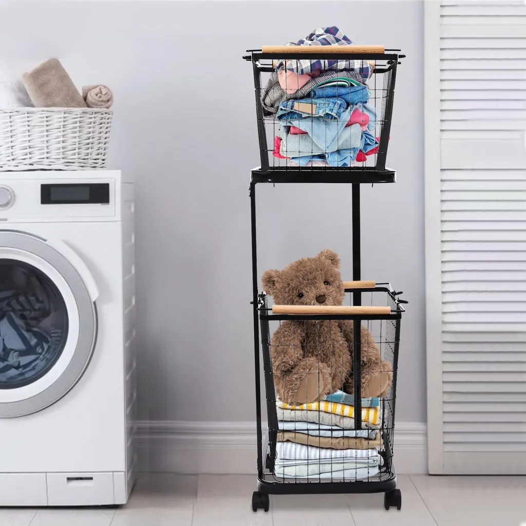Meuble de rangement pour linge à deux étages, servante utilitaire noire - 2