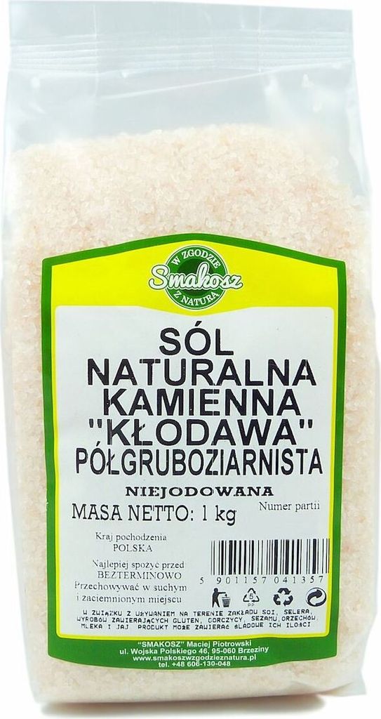 A bag of salt with product information and branding.