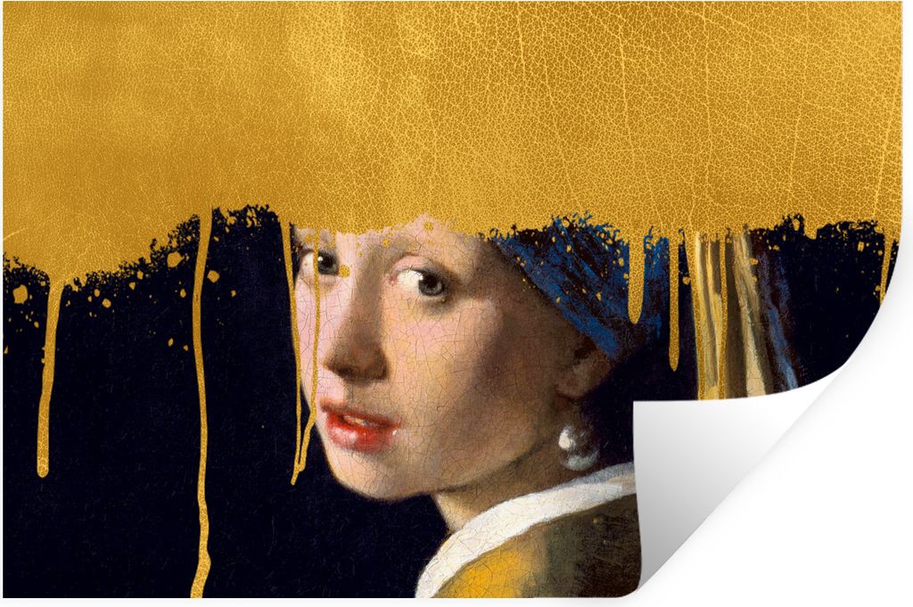 MuchoWow Wandtattoo Wandsticker Wandaufkleber Mädchen mit einem Perlenohrring - Gold - Vermeer 120x80 cm Selbstklebend und Repositionierbar - Se...