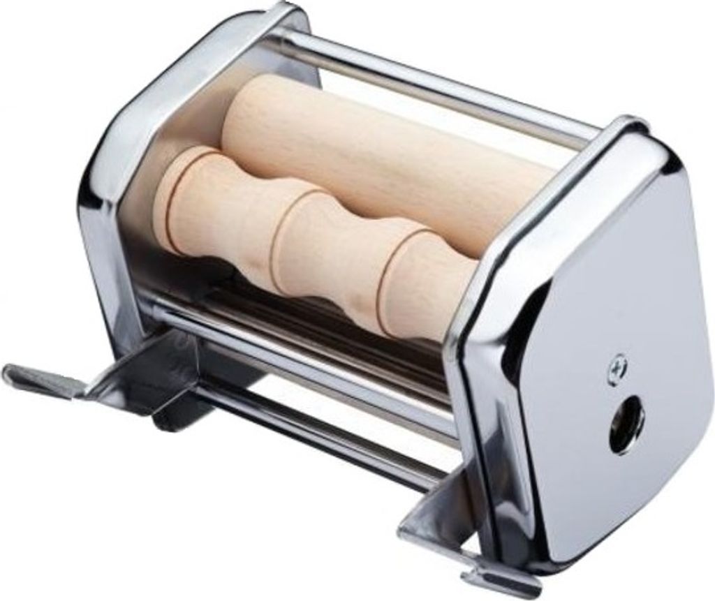 A close-up studio shot of a chrome and wood pasta maker.
