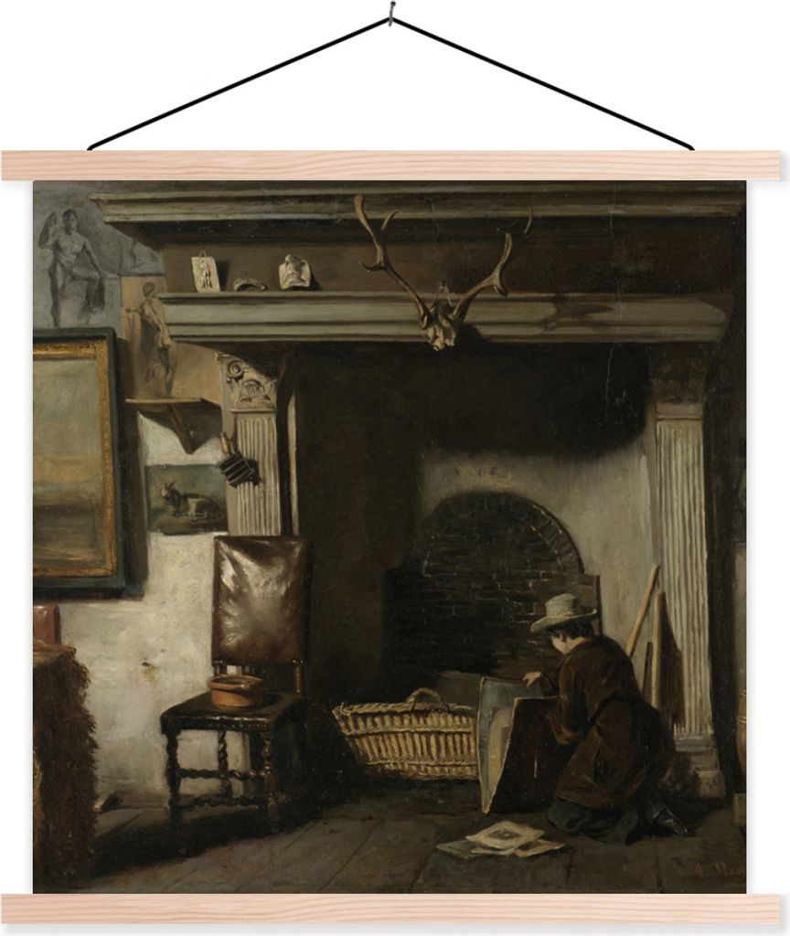 MuchoWow Textilposter Das Atelier von Pieter Frederik van Os, einem Maler aus Haarlem - Gemälde von Anton Mauve 120x120 cm mit holzfarbenen Rahm...