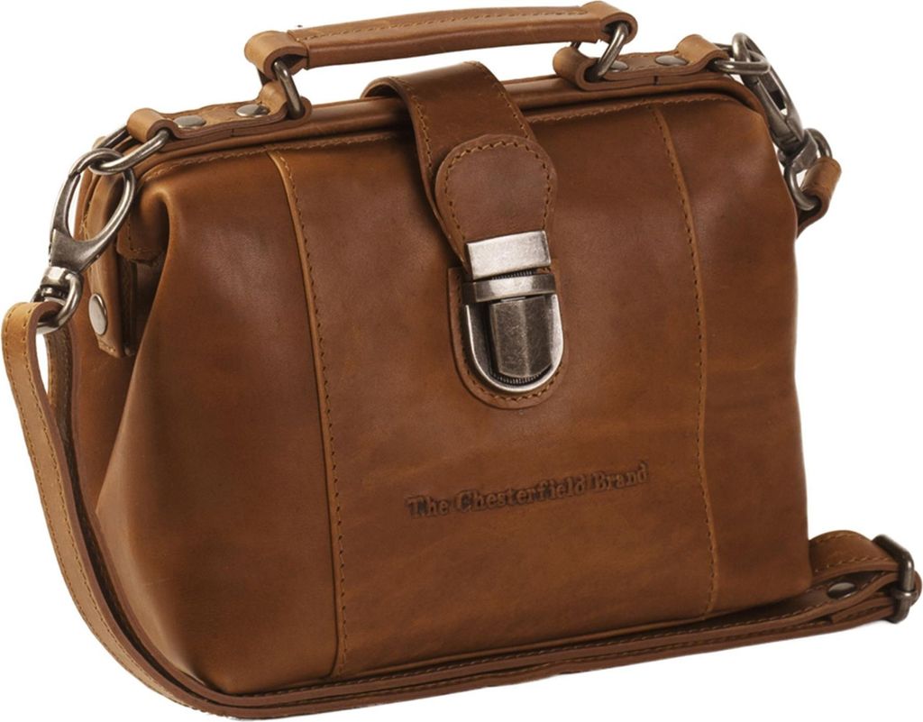 A brown leather handbag with a shoulder strap and a metal clasp.