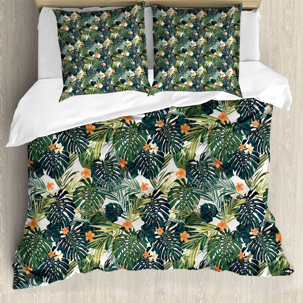 ABAKUHAUS Grün Bettbezug, Hawaiische Tropische Flora, Milbensicher Allergiker geeignet mit Kissenbezügen, 200 cm x 200 cm - 80 x 80 cm, Grün Dun...