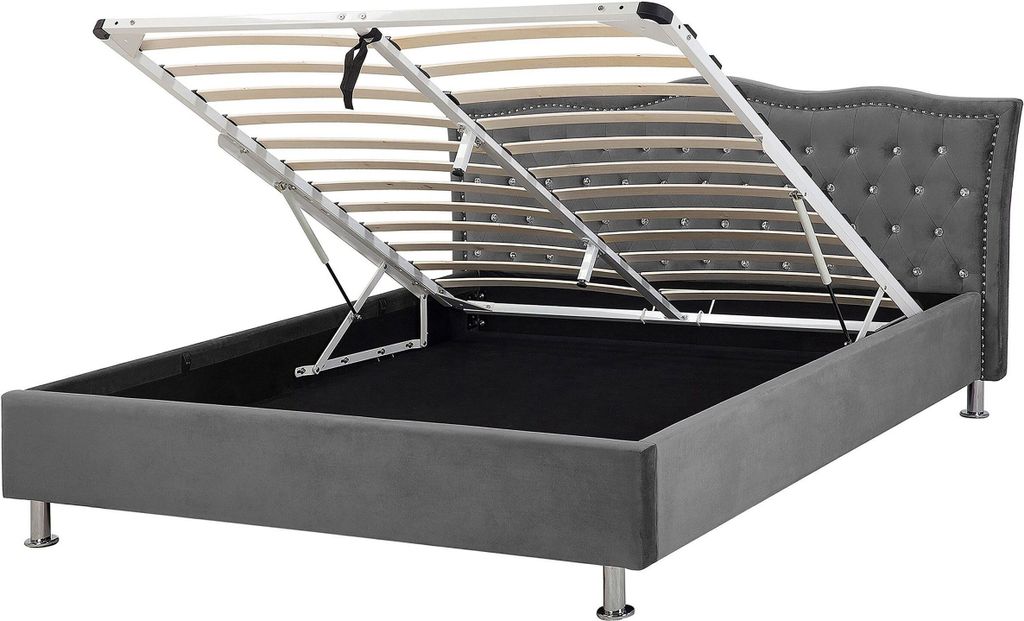 BELIANI Bett Samtstoff Grau 140 x 200 cm Mit Bettkasten Hochklappbar Exklusive Ausstrahlung Geschwungene Kopfteil Knopfverzierung Elegant Romantisch