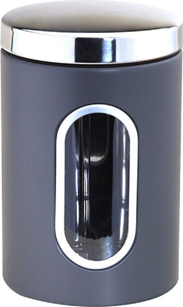 A gray cylindrical storage container with a silver lid and a clear window.