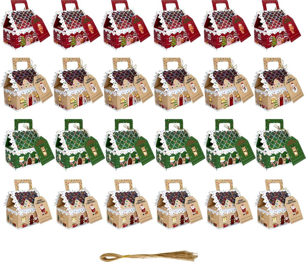 24 Stück Weihnachtsgeschenkboxen in Form von Lebkuchenhäusern aus Papier, ideal als Gastgeschenke für Weihnachtsfeiern, Kekse und Süßigkeiten.