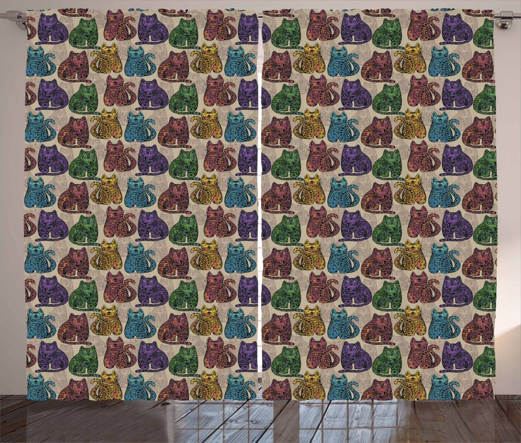 ABAKUHAUS Tätowieren Rustikaler Vorhang, Bunte ethnische Katzen, Wohnzimmer Universalband Gardinen mit Schlaufen und Haken, 280 x 225 cm, Mehrfarbig
