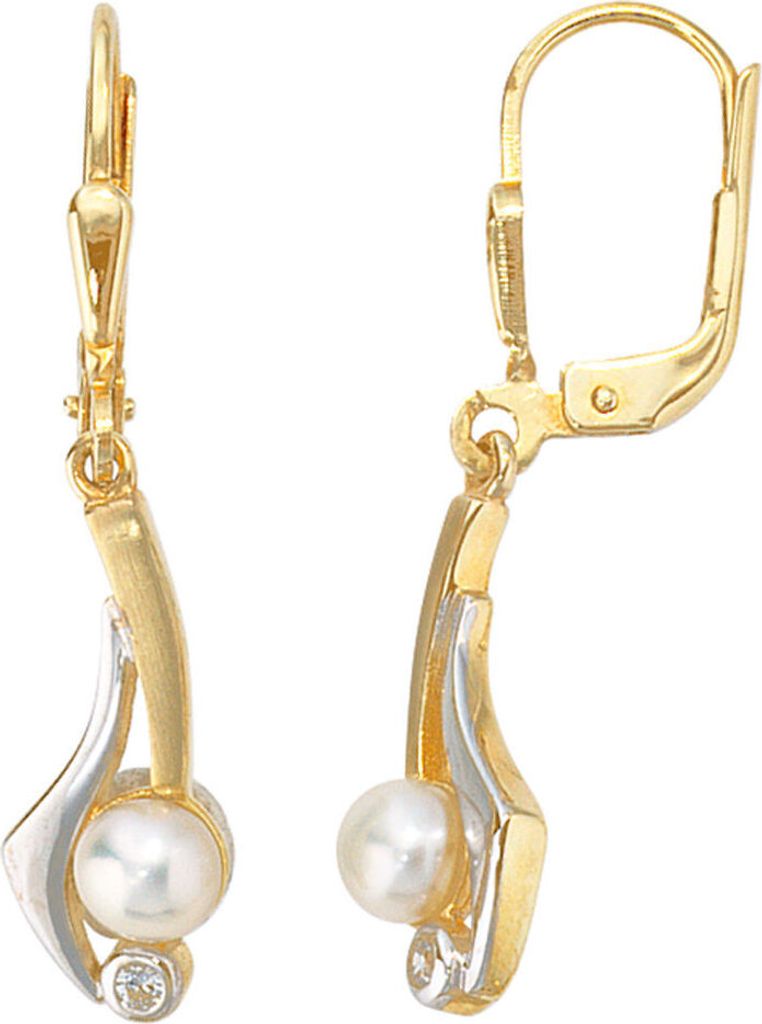 Ohrringe Ohrhänger Boutons Süßwasser Perlen & Zirkonia 333 Gelbgold Damen