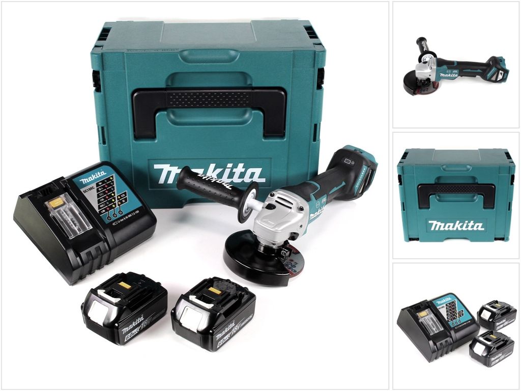 Makita DGA 517 RGJ Akku Winkelschleifer 18 V 125 mm Brushless + 2x Akku 6,0 Ah + Ladegerät + Makpac