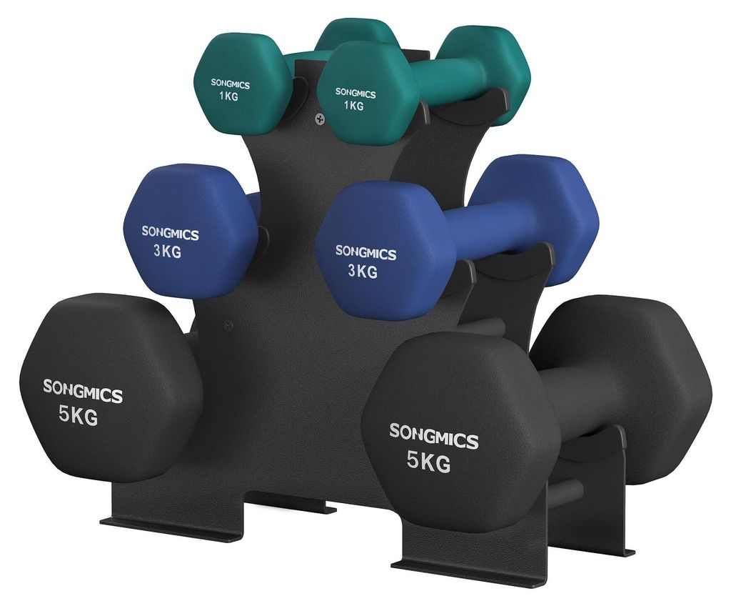 Kurzhantel-Set - SYL618 - 2x1 kg, 2x3 kg, 2x5 kg - Mit Hantelständer - Nicht verstellbar - Lackierte Oberfläche - Schwarz