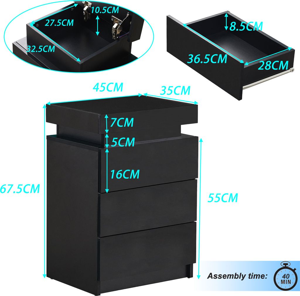 CLIPOP Nachttisch mit LED, 3 Schubladen, 1 Oberer Stauraum, Produktbild 3