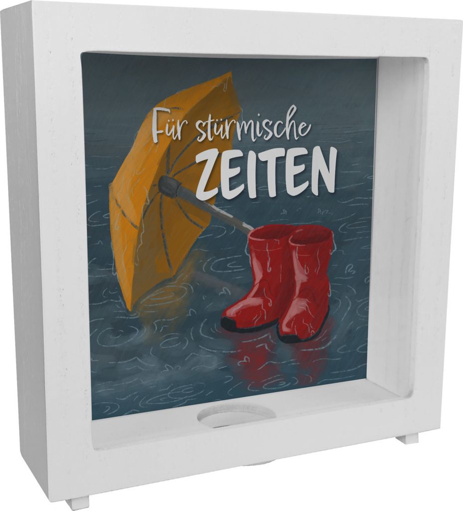 Für stürmische Zeiten Rahmen Spardose aus Holz mit Regen Produktbild 