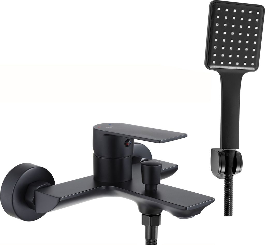 A black bathtub faucet and showerhead set against a white background.