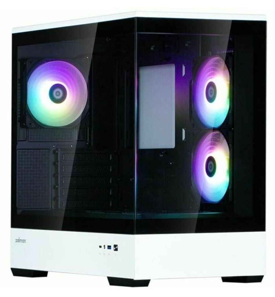 A white and black computer case with RGB fans.