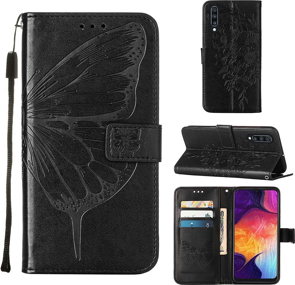Galaxy A50 Hülle, Schmetterling Prägung Flip Leder Kartenfächer Schutzhülle Ledertasche mit Ständer für Samsung Galaxy A50 / A30S / A50S Schwarz