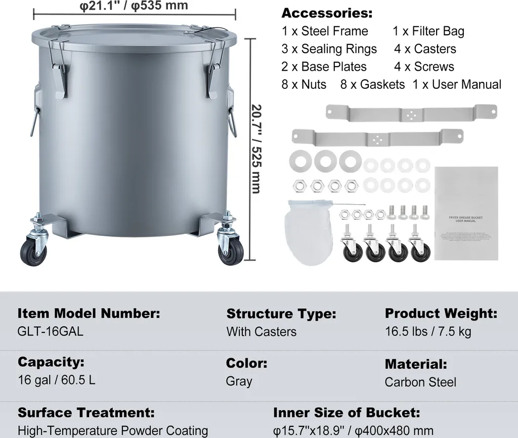 SucceBuy Secchio per grassi da 16 galloni per friggitrici, contenitore per lo smaltimento dell'olio con base a rulli, contenitore in acciaio inox al carbonio con coperchio, clip di tenuta, sacchetto filtrante per olio caldo - 7