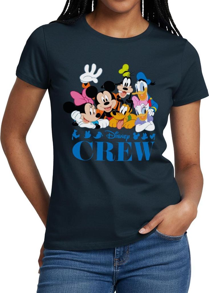 Mickey & Minnie Pluto Goofy Daisy Donald Crew Frauen T-Shirt, S, Navy