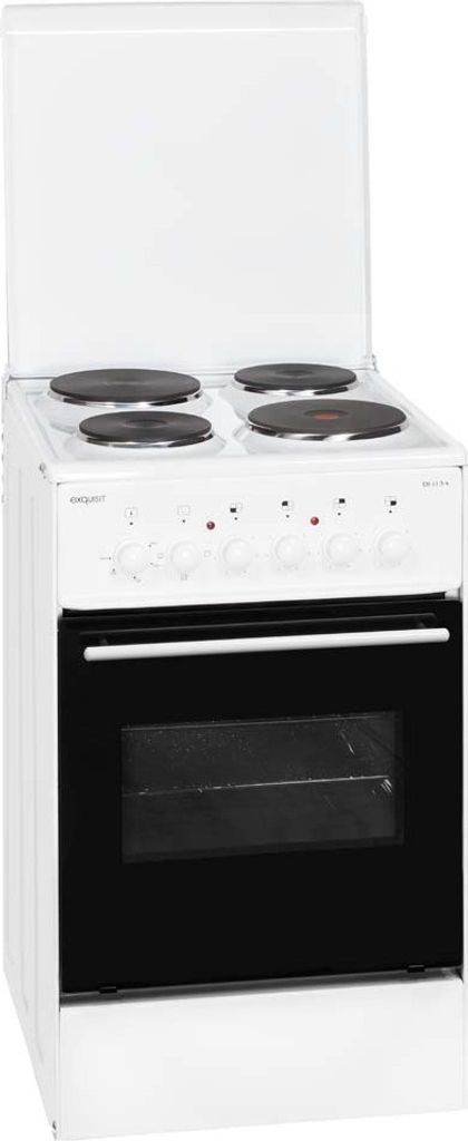 A white electric freestanding cooker with four black electric hob rings and a black oven door.