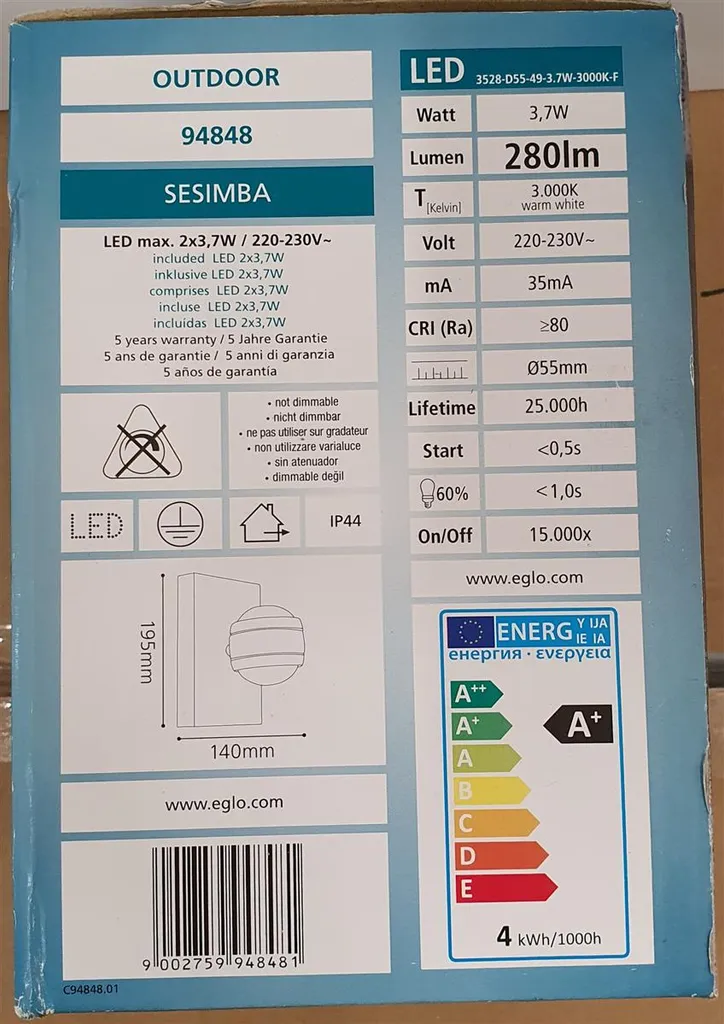 Applique murale LED extérieure noire Sesimba EGLO pour façade et terrasse