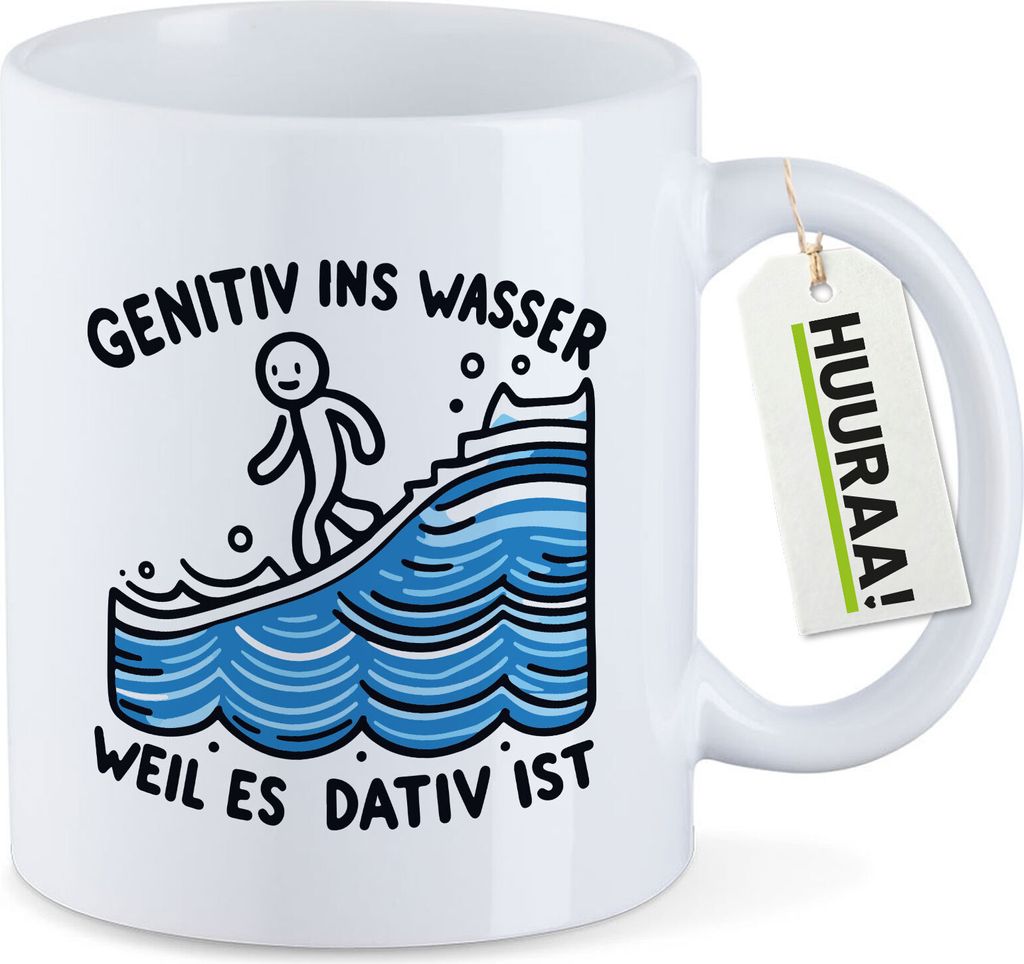 Huuraa Kaffeetasse Genitiv ins Wasser Dativ ist 330ml Weiß Keramik Kaffeebecher Geschenkidee